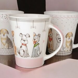 Casa Signature Dog Print Mugs  Set Of 3  Pink/ Brown